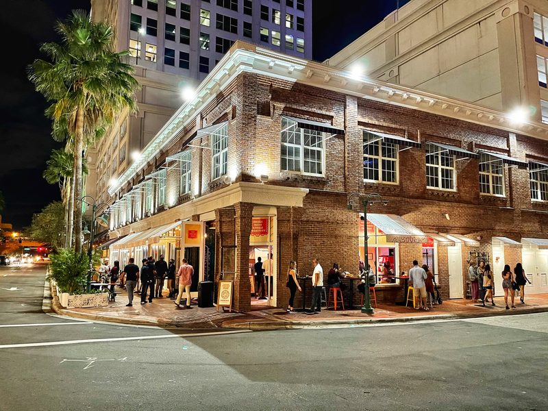 Downtown Fort Lauderdale at night, a restaurant corner near Las Olas Boulevard